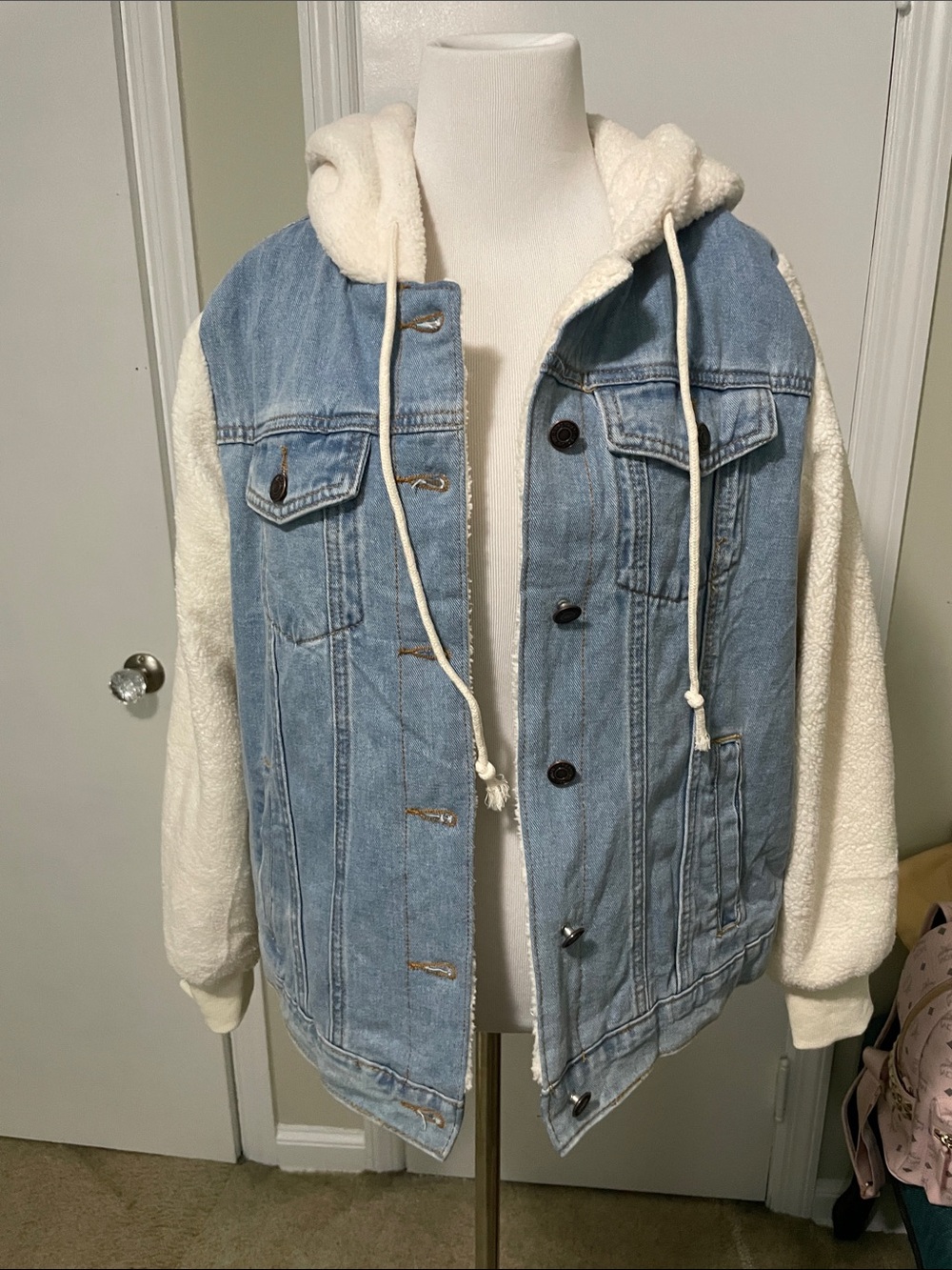 Denim Sherpa Hoodie Jacket - Blue and Cream